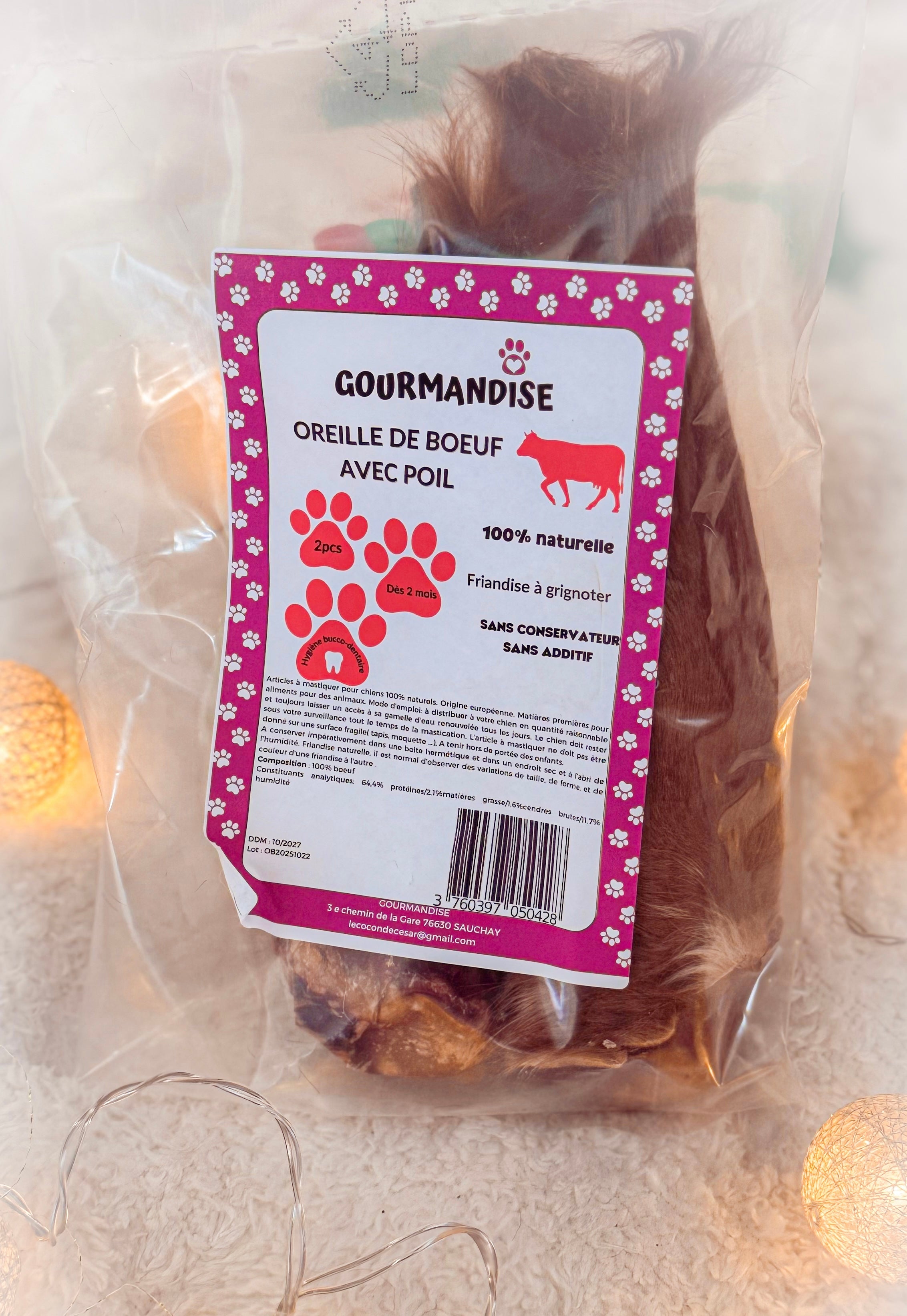 Oreilles de boeuf avec Poils - Mastication naturelle  longue durée chien (2pièces)